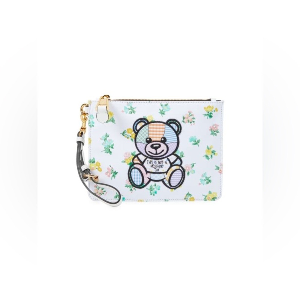 NWT MOSCHINO Floral & Teddy Bear Embroidery Wristlet Bag